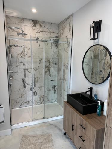 a bathroom with a shower with a sink and a mirror at Kabin Kamouraska 2 in Rivière-Ouelle