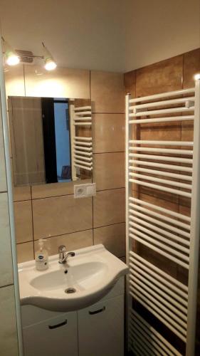 a bathroom with a sink and a mirror at Chalupa Kalameny in Kalameny