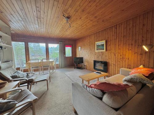 a living room with a couch and a fireplace at Equinox Cabin in Torlundy