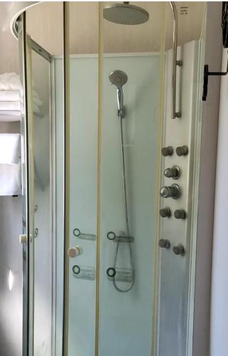 a shower in a bathroom with a glass door at Casa Flotante Nenufar in Tigre