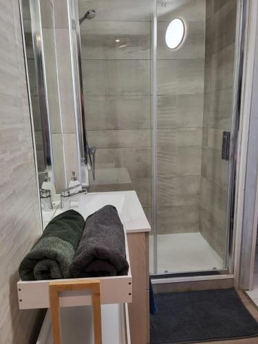 La salle de bains est pourvue d'une douche, d'un lavabo et de serviettes. dans l'établissement De la mer, à Colleville-Montgomery