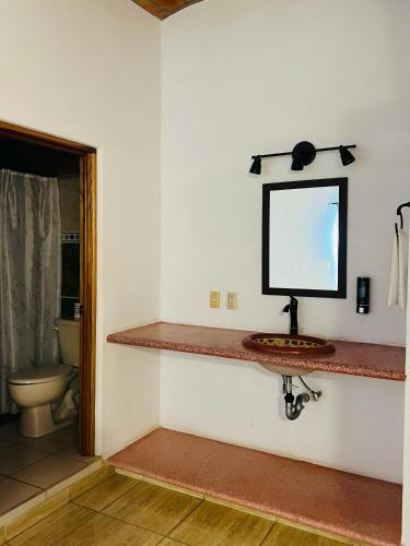 a bathroom with a sink and a mirror on the wall at Paraiso Escondido in Lo de Marcos