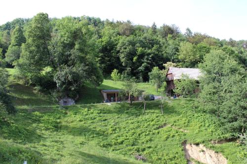 a house in the middle of a field at Glamping Zeleni raj Vače in Vače