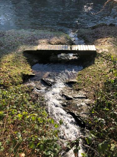 a wooden bridge over a stream of water at Petite maison d'Amelotte in Sainte-Cécile