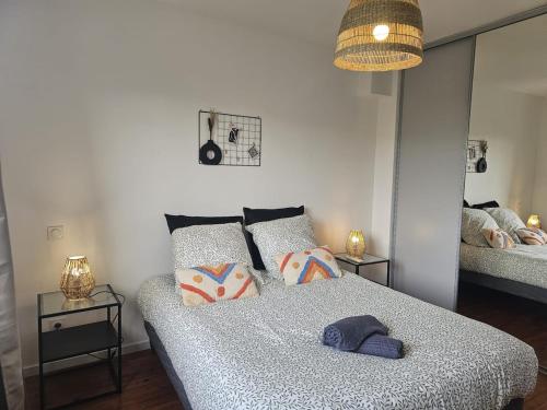 a bedroom with a bed with pillows and a mirror at Le Jean Zay climatisation parking privé in Montauban