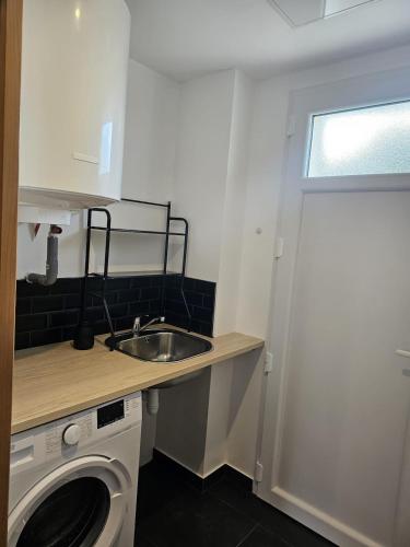 une petite cuisine avec un évier et une machine à laver dans l'établissement Le Jean Zay parking privé, à Montauban
