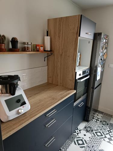 Il comprend une cuisine équipée d'un comptoir avec une cuisinière et un réfrigérateur. dans l'établissement Hébergement le Mans, au Mans