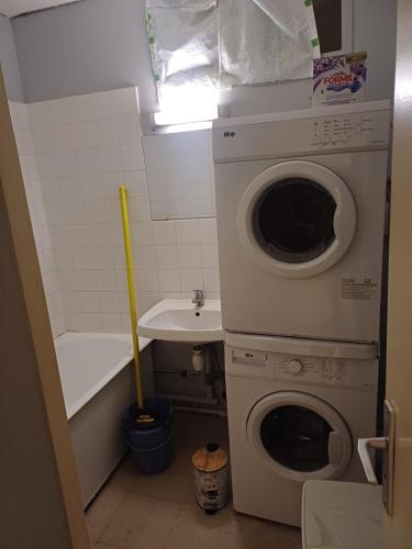 une petite salle de bains avec un lave-linge et un lavabo dans l'établissement Saphire tilleul, à Nantes