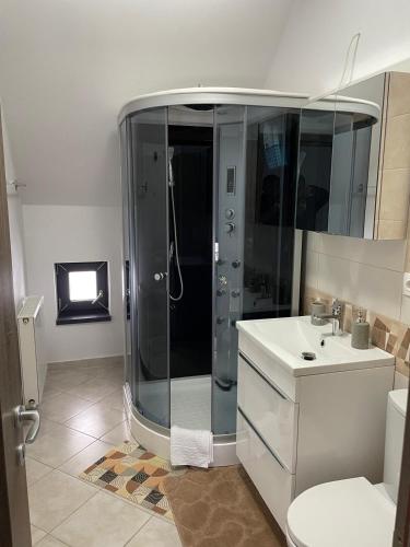 a bathroom with a shower and a sink at Odăile Craiului in Şirnea