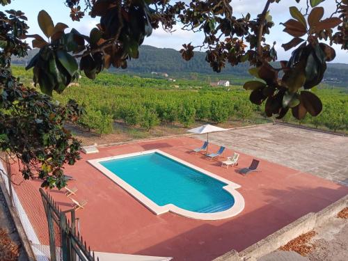 a swimming pool with chairs and a view of a field at Orange Room Your refuge of tranquility and privacy in Alzira