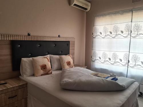 a bedroom with a bed with a headboard and a window at Savannah Guest House Mafikeng in Mahikeng