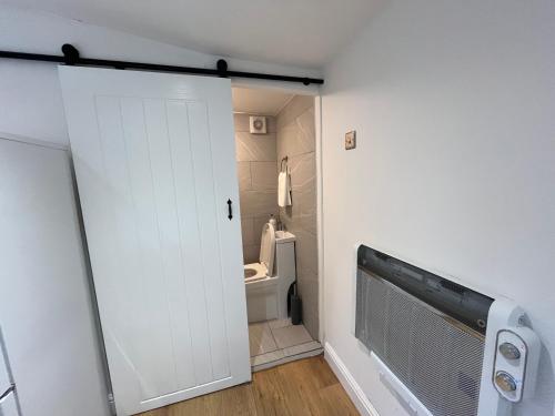 a bathroom with a toilet and a white door at The Grove self-contained Garden Suite in Bexleyheath