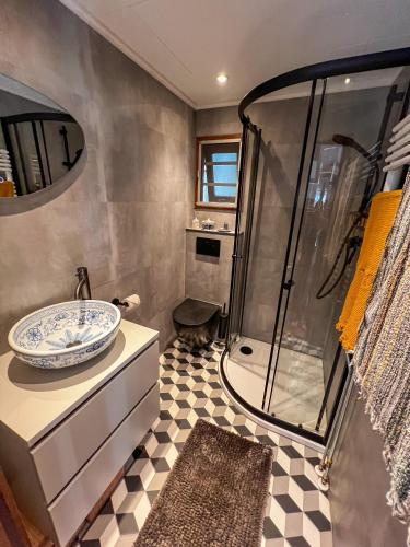 a bathroom with a sink and a shower at Uniek boshuisje Olijfje met omheinde tuin op loopafstand Veluwse bos in Putten
