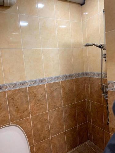 a bathroom with a shower with a toilet in it at axis in Kʼumlistsʼikhe