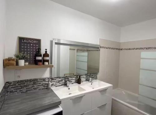 une salle de bain blanche avec deux lavabos et un miroir dans l'établissement Appartement de la Famille Chat, au Mans
