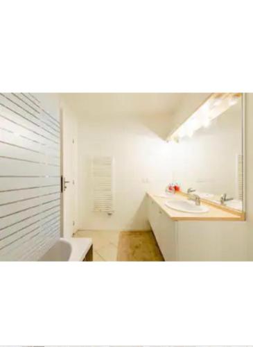 une salle de bain blanche avec un lavabo et un miroir dans l'établissement Washington, à Chambéry