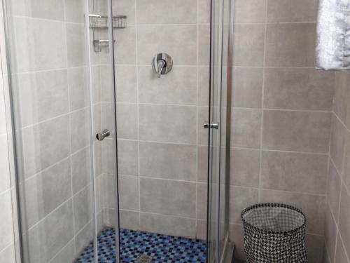 a shower with a glass door with a basket at Lunford Garden Cottage in Rayton
