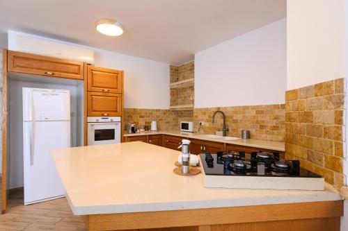 a kitchen with a stove and a counter top at נקודה בנוף - וילה פרטית in Had Nes