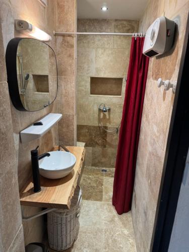une salle de bain avec un lavabo et une douche dans l'établissement Superbe duplex en bord de mer, à La Ciotat