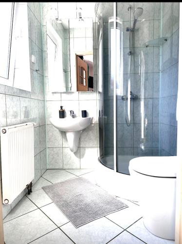 a bathroom with a glass shower and a sink at Willa Marion in Karpacz