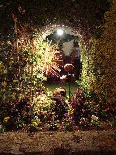 a garden with flowers and a light in the background at Mansion del Cupatitzio in Uruapan del Progreso