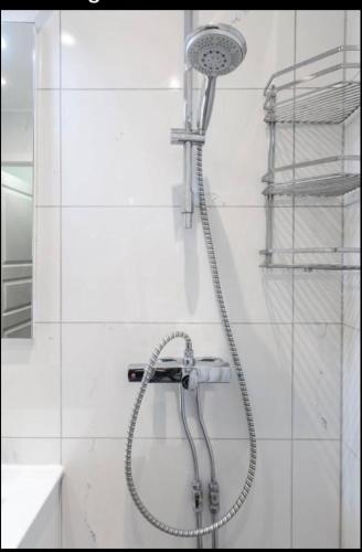 a shower with a shower head in a bathroom at Cozy room with beautiful nature in Husievägen 100-Malmo in Malmö