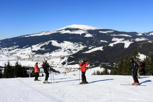 a group of people on skis on a snow covered mountain at Chalet VLOčKA - Chalet Snowflake in Telgárt