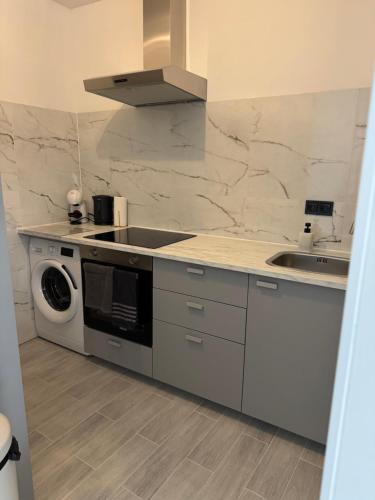 a kitchen with a sink and a washing machine at Smile home 3 Wormerveer- Zaanse Schans en Amsterdam appartements in Wormerveer