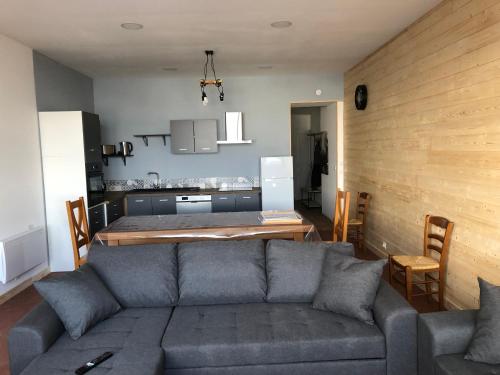 un salon avec un canapé et une cuisine dans l'établissement appartement 12 couchages proche piste ski et de randonnées du lioran, à Le Lioran