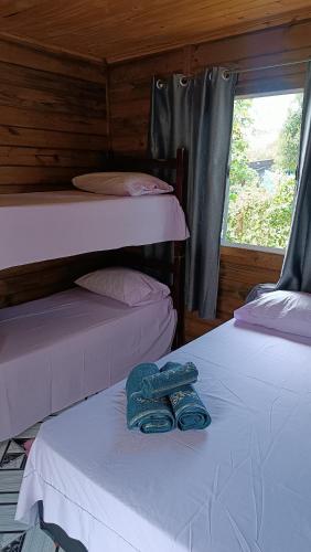 two bunk beds in a room with a window at Pousada Raio de Sol - SUPERAGUI - PR in Superagui