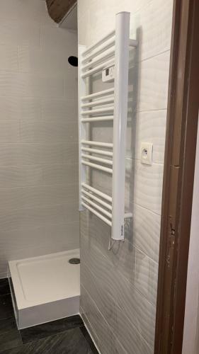 La salle de bains est pourvue d'une douche avec un mur blanc. dans l'établissement Paradis calme en plein centre ville, à Montpellier