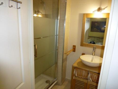 une salle de bain avec une douche en verre et un lavabo dans l'établissement Villa l Olivier avec piscine privée, à Les Cluses