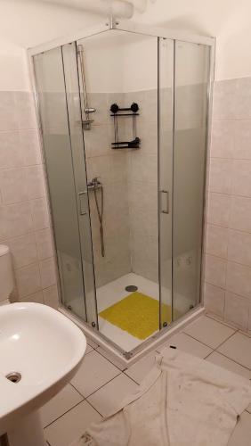 a shower with a glass door next to a sink at Easy lodge in Gros-Morne
