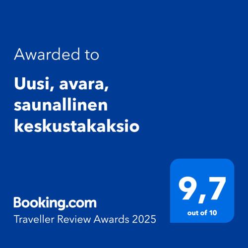 a blue text box with the words awarded to just azona samoan at Uusi, avara, saunallinen keskustakaksio in Tampere