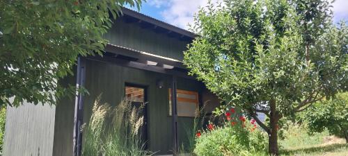 a green house with a tree in front of it at Cabañas Bella vista Ruca hue in San Martín de los Andes