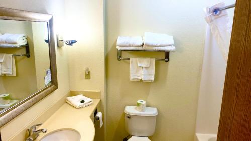 ein Badezimmer mit Toilette, Waschbecken und Spiegel in der Unterkunft Park View Inn & Suites, Hoisington in Hoisington