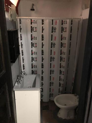 a bathroom with a toilet and a shower curtain at Parque Chacabuco in Mar del Plata