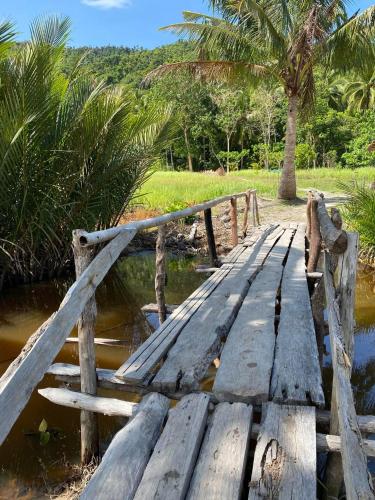 a wooden bridge over a body of water with a palm tree at Cabang Campsite - Private Island Experience in San Vicente