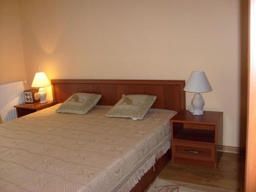 a bedroom with a bed with two pillows and a lamp at Apartament 12 Zacisze - Apartamenty Pod Aniołem in Kazimierz Dolny