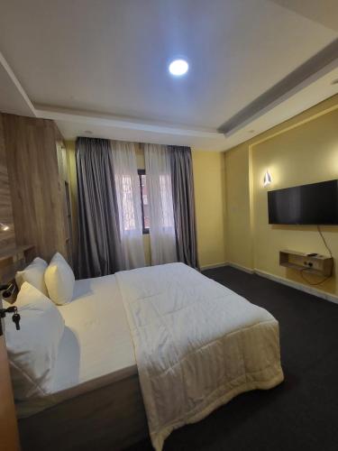 a hotel room with a large bed and a flat screen tv at Peridot apt wuse2 in Abuja