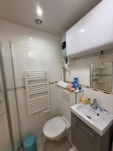 une petite salle de bain avec toilettes et lavabo dans l'établissement 4Travellers Paris, à Paris