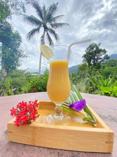 a glass of orange juice on a wooden tray with flowers at Bambua Nature Cottages in Puerto Princesa City