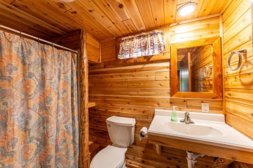 La salle de bains est pourvue de toilettes et d'un lavabo dans une cabane en rondins. dans l'établissement Cabin O' Pines - A Family Friendly Resort, à Orr