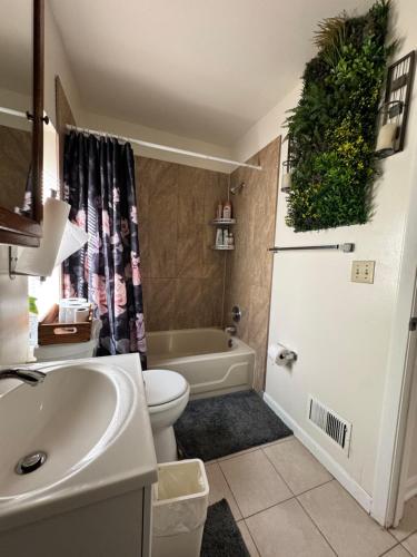 a bathroom with a sink and a toilet and a tub at Downtown Loft - Close to Topgolf, Horseshoe Casino, UM Baltimore in Baltimore