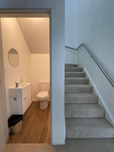a bathroom with a staircase with a toilet and a sink at Panoramic Sea & Town View Oamaru 睁眼即见太平洋 I 躺观日月同辉 in Oamaru