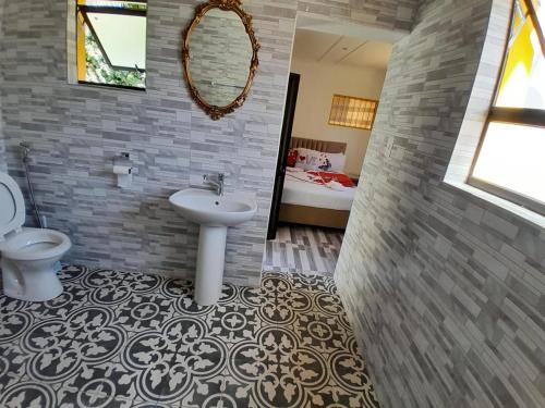 a bathroom with a sink and a toilet and a mirror at Neo & Ruks Guest Houses Boston Belleville 5 in Bellville