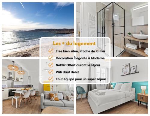 un collage de photos d'un salon et d'une cuisine dans l'établissement Beautiful and Cozy 3 bedrooms in Antibes, à Antibes