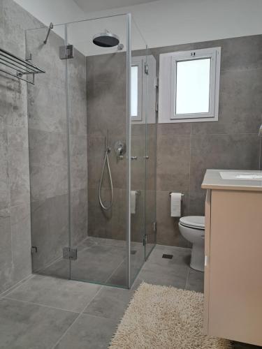 a bathroom with a shower with a glass door at Happy Vacation House in Zikhron Ya‘aqov