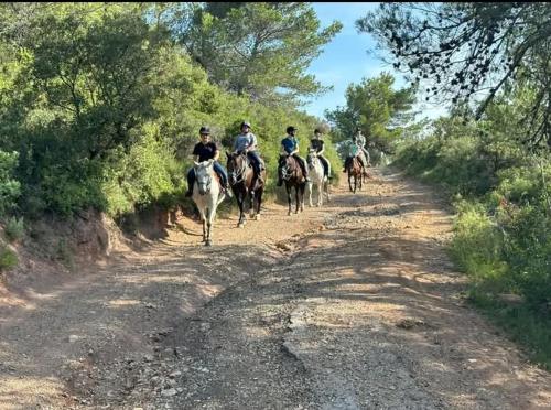 a group of people riding horses down a dirt road at La Villa du Menhir Gîte in Bize-Minervois