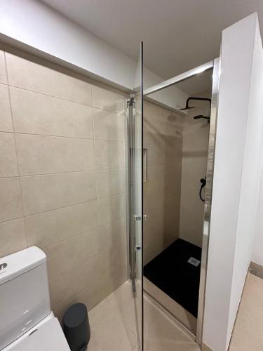a shower with a glass door in a bathroom at Forno House - Quarto peregrinos Caminho Santiago in Âncora